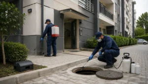 Apartman çevresinde profesyonel bina ilaçlaması yapan uzman ekip. Rogar, bina çevresi ve dış duvar birleşim noktalarında biyosidal uygulama.