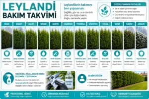 Leylandi bakım takvimini gösteren profesyonel infografik. Ay ay budama, sulama, gübreleme, hastalık kontrolü ve kış hazırlığı uygulamalarını açıklayan bakım rehberi.