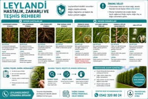 Leylandi hastalıkları, zararlıları ve doğru teşhis yöntemlerini gösteren profesyonel infografik. Örümcek akarı, kabuklu bit, unlu bit, mantari hastalıklar, kök çürüklüğü ve doğru ilaçlama yöntemlerini anlatan detaylı bakım rehberi.