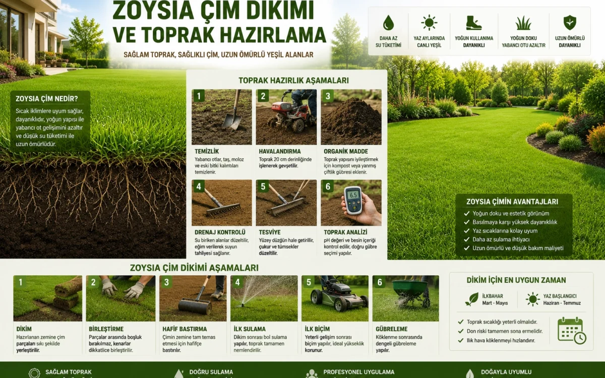 Zoysia çim dikimi ve toprak hazırlama aşamalarını gösteren profesyonel peyzaj uygulaması görseli.
