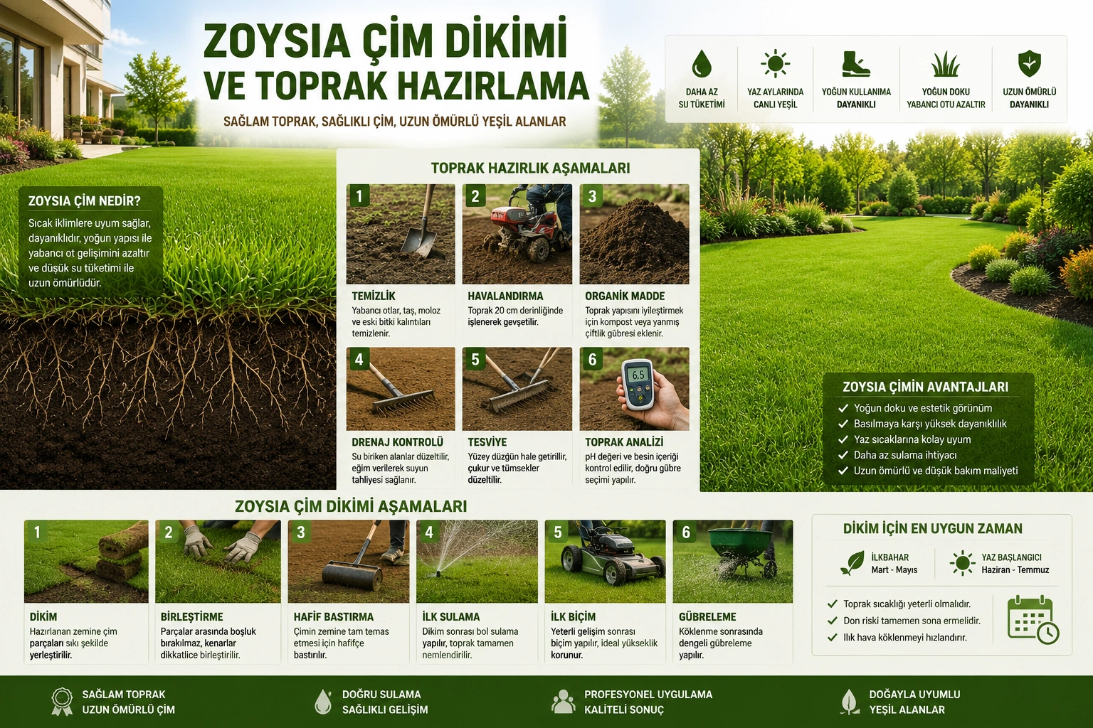 Zoysia çim dikimi ve toprak hazırlama aşamalarını gösteren profesyonel peyzaj uygulaması görseli.