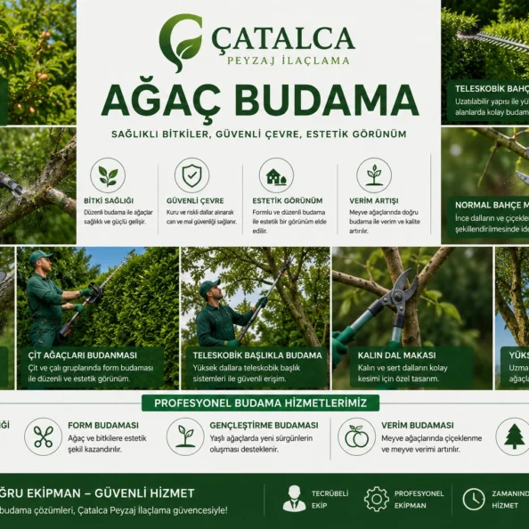 Villa bahçesinde meyve ağaçları, çit bitkileri ve yüksek ağaçların teleskobik budama ekipmanları ile profesyonel budama çalışması
