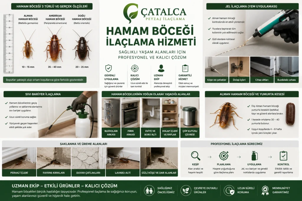 Hamam böceği ilaçlama hizmeti; Alman hamam böceği, Amerikan hamam böceği, jel ilaçlama, sıvı bariyer uygulaması, yumurta kesesi ve yaşam alanlarını gösteren infografik.