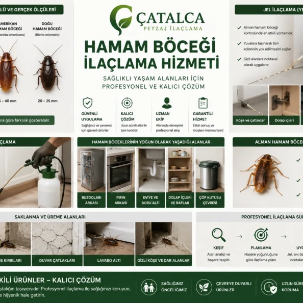 Hamam böceği ilaçlama hizmeti; Alman hamam böceği, Amerikan hamam böceği, jel ilaçlama, sıvı bariyer uygulaması, yumurta kesesi ve yaşam alanlarını gösteren infografik.