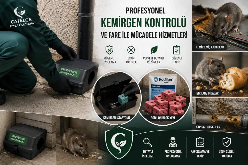 Profesyonel kemirgen kontrolü kapsamında kemirgen istasyonu yerleştiren personel, Rodilon blok yem, fare ilaçlama uygulaması, kemirilmiş kablolar, ısırılmış gıdalar ve fare zararlarını gösteren bilgilendirici infografik.