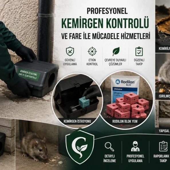 Profesyonel kemirgen kontrolü kapsamında kemirgen istasyonu yerleştiren personel, Rodilon blok yem, fare ilaçlama uygulaması, kemirilmiş kablolar, ısırılmış gıdalar ve fare zararlarını gösteren bilgilendirici infografik.