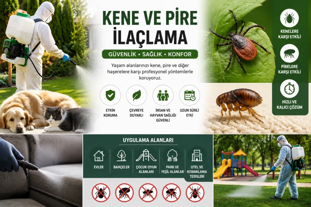 Profesyonel kene ve pire ilaçlama hizmetini gösteren infografik; bahçe ilaçlaması yapan uzman personel, kene, pire, evcil hayvan koruması, park ve yeşil alan uygulamaları ile güvenli ilaçlama yöntemleri.