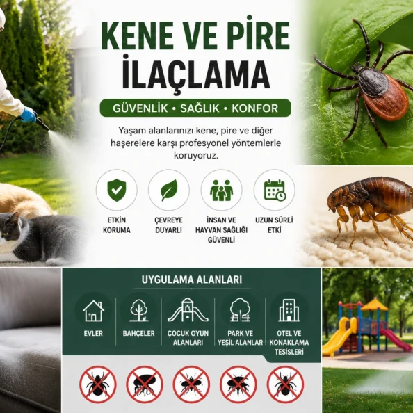 Profesyonel kene ve pire ilaçlama hizmetini gösteren infografik; bahçe ilaçlaması yapan uzman personel, kene, pire, evcil hayvan koruması, park ve yeşil alan uygulamaları ile güvenli ilaçlama yöntemleri.