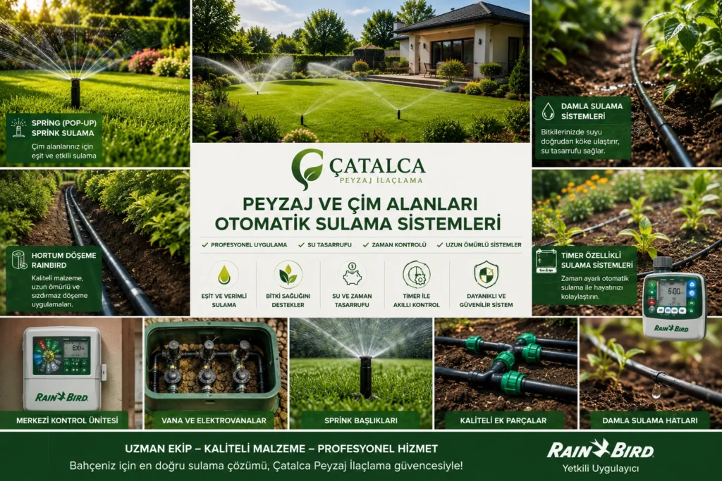 Villa bahçesinde Rain Bird otomatik sulama sistemi, pop-up spring sprinkler, damla sulama hattı ve timer kontrollü peyzaj sulama uygulaması