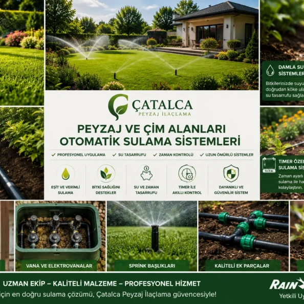Villa bahçesinde Rain Bird otomatik sulama sistemi, pop-up spring sprinkler, damla sulama hattı ve timer kontrollü peyzaj sulama uygulaması