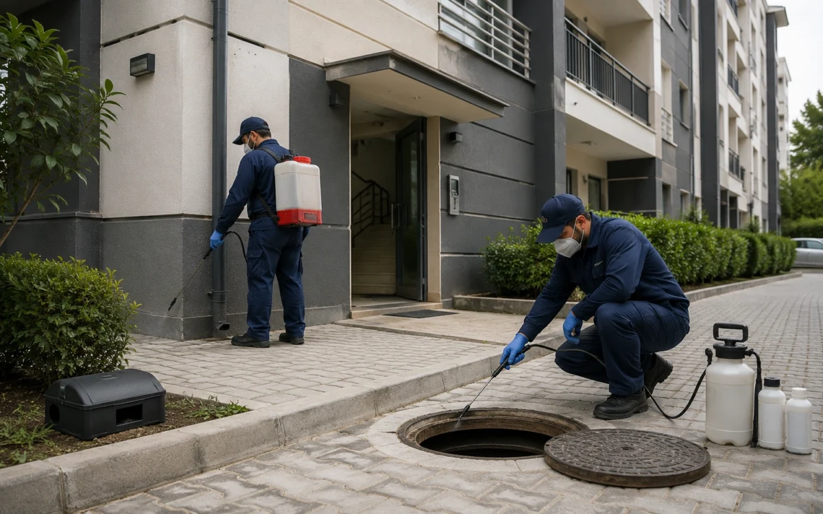 Apartman çevresinde profesyonel bina ilaçlaması yapan uzman ekip. Rogar, bina çevresi ve dış duvar birleşim noktalarında biyosidal uygulama.