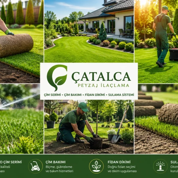 Çatalca Peyzaj İlaçlama tarafından gerçekleştirilen anahtar teslim peyzaj düzenleme projesi, rulo çim serimi, otomatik sulama sistemi, bitkilendirme ve çevre düzenlemesini gösteren görsel.