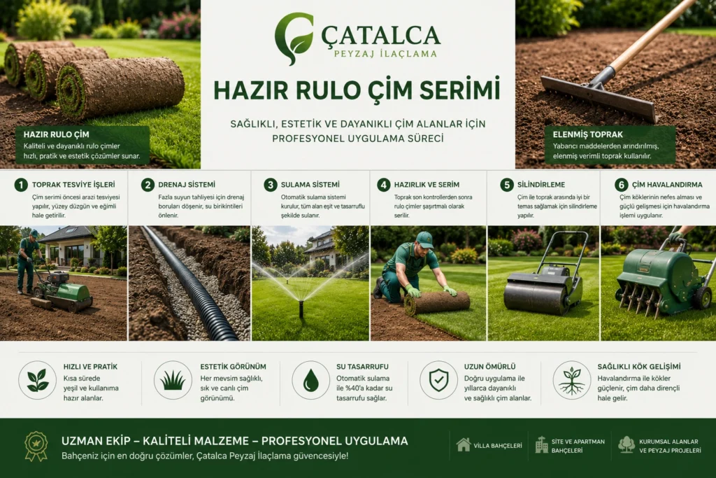 Villa bahçesinde hazır rulo çim serimi öncesi toprak tesviyesi, drenaj sistemi, otomatik sulama altyapısı ve profesyonel çim uygulaması