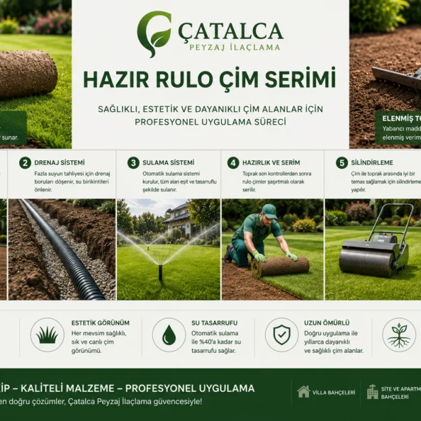 Villa bahçesinde hazır rulo çim serimi öncesi toprak tesviyesi, drenaj sistemi, otomatik sulama altyapısı ve profesyonel çim uygulaması