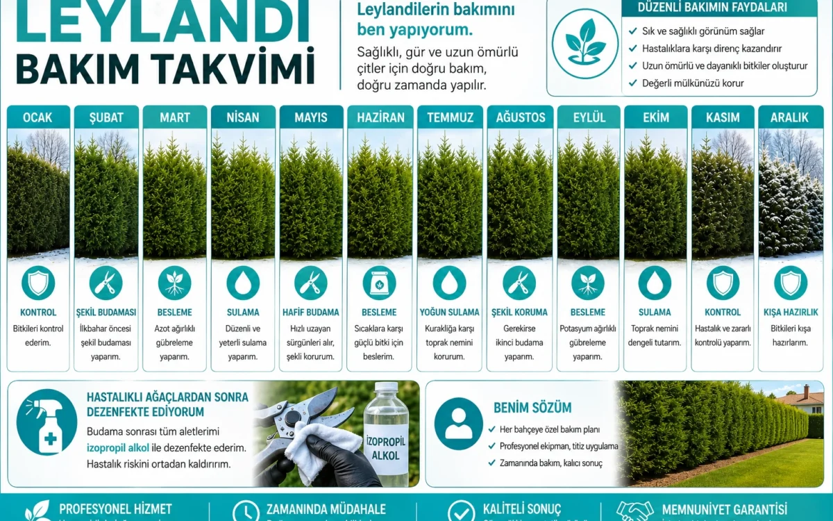 Leylandi bakım takvimini gösteren profesyonel infografik. Ay ay budama, sulama, gübreleme, hastalık kontrolü ve kış hazırlığı uygulamalarını açıklayan bakım rehberi.